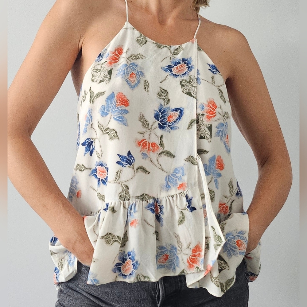 Joie Derwen Floral Ruffle Tank 100% Silk Sz XS White Blue